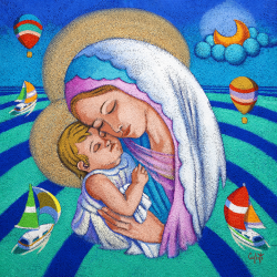 Capezzale Moderno - Gesù Bambino e Maria sfondo mare